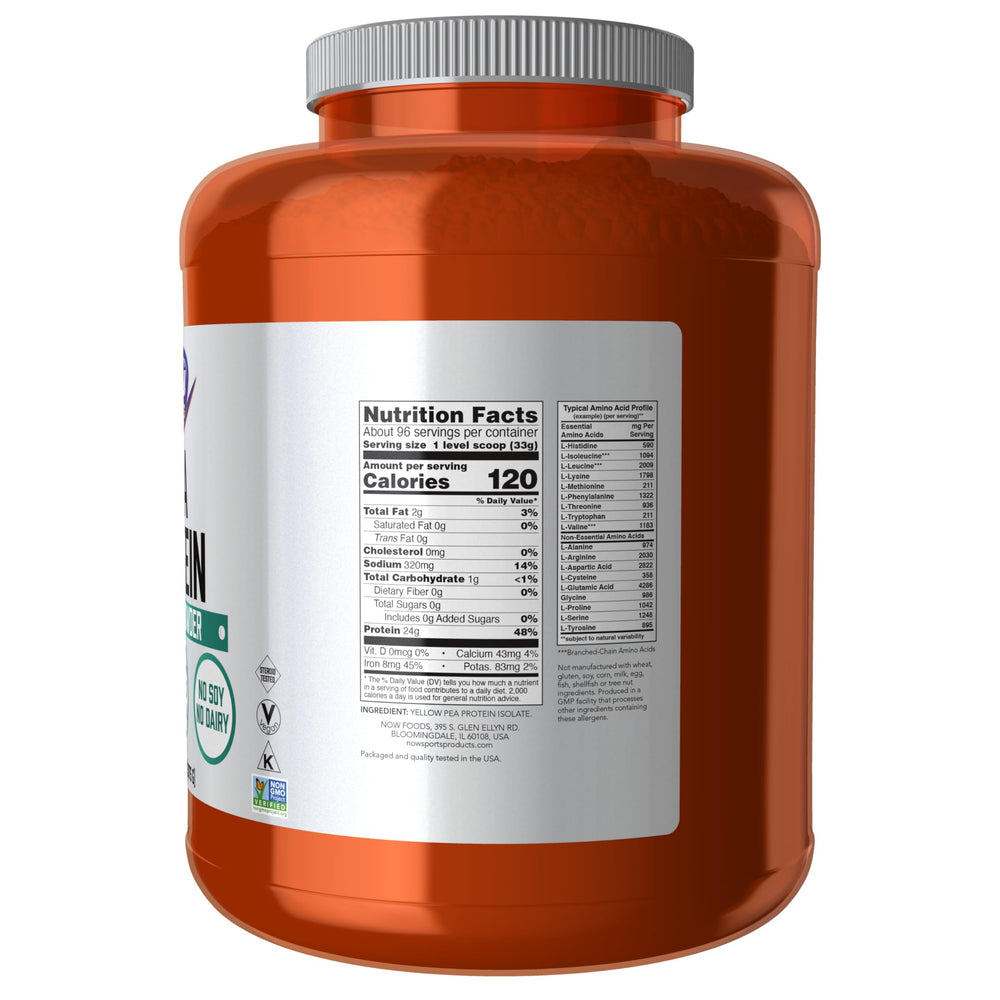 NOW Foods Pea Protein scoop highlights BCAAs for plant-based fueling.