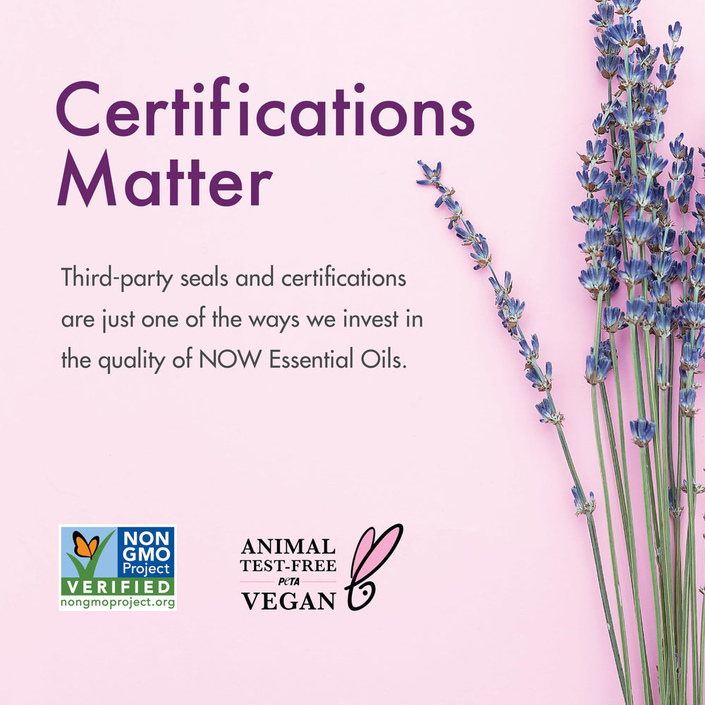 NOW Foods Peaceful Sleep ingredient panel highlights natural essential oils.