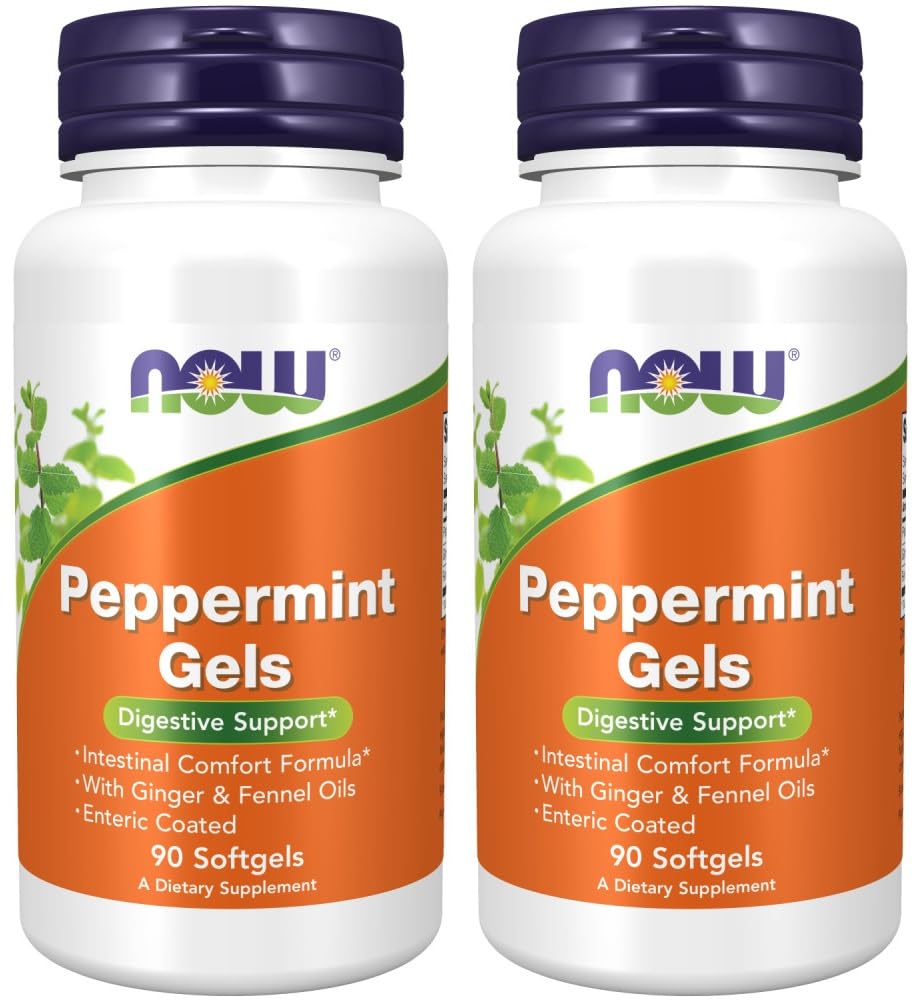 NOW Foods Peppermint Gels bottle shows enteric coating for targeted digestive support.