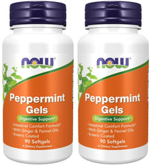 NOW Foods Peppermint Gels bottle shows enteric coating for targeted digestive support.