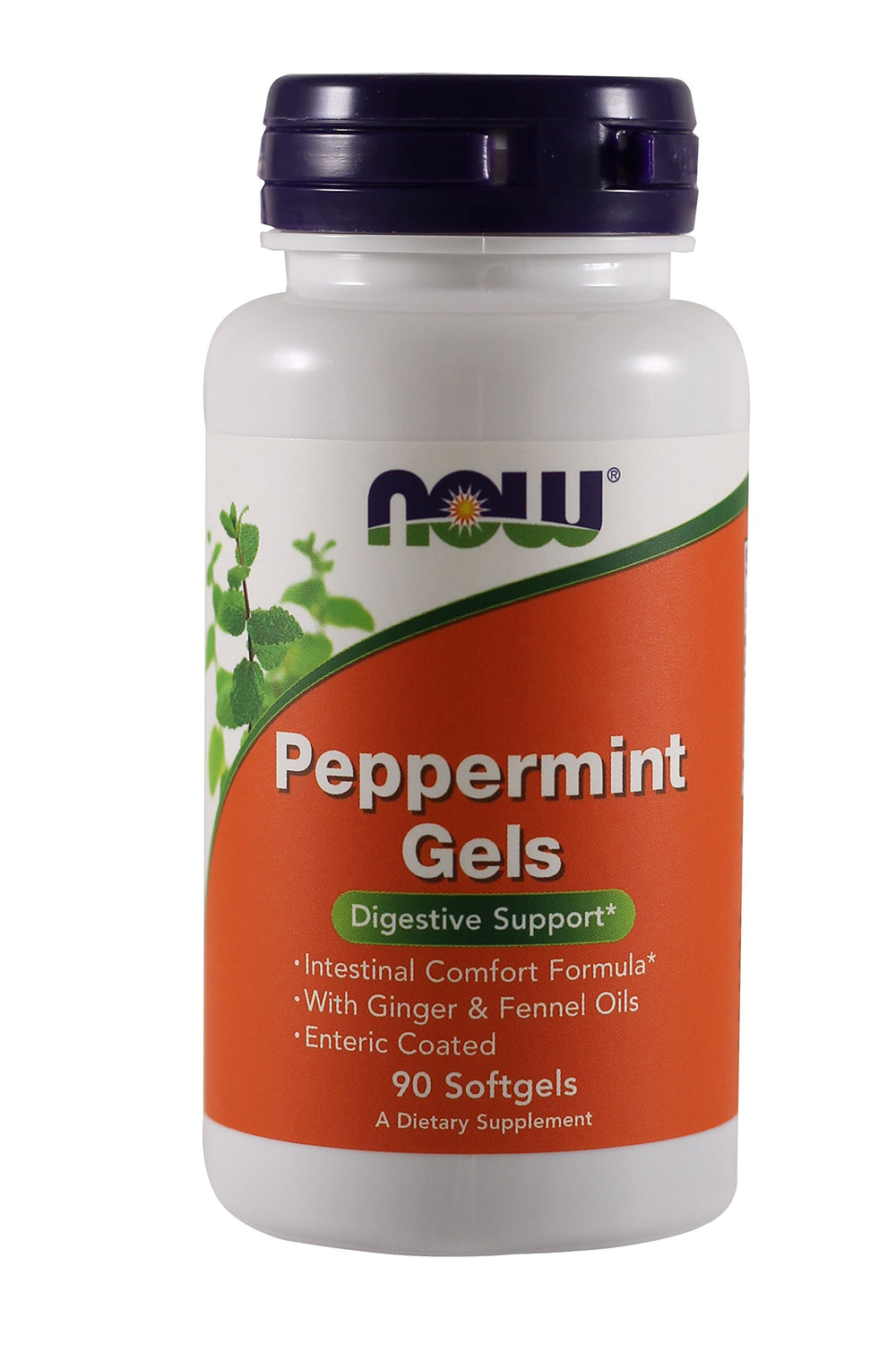 NOW Foods Peppermint Gels bottle with enteric coating for intestinal comfort.