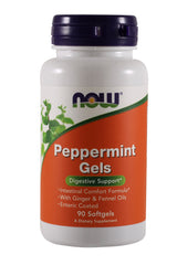 NOW Foods Peppermint Gels bottle with enteric coating for intestinal comfort.