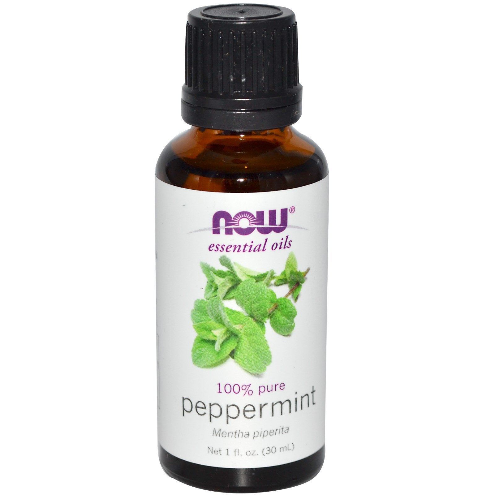 NOW Foods Peppermint Oil bottle front showing label for refreshing aroma diffusion