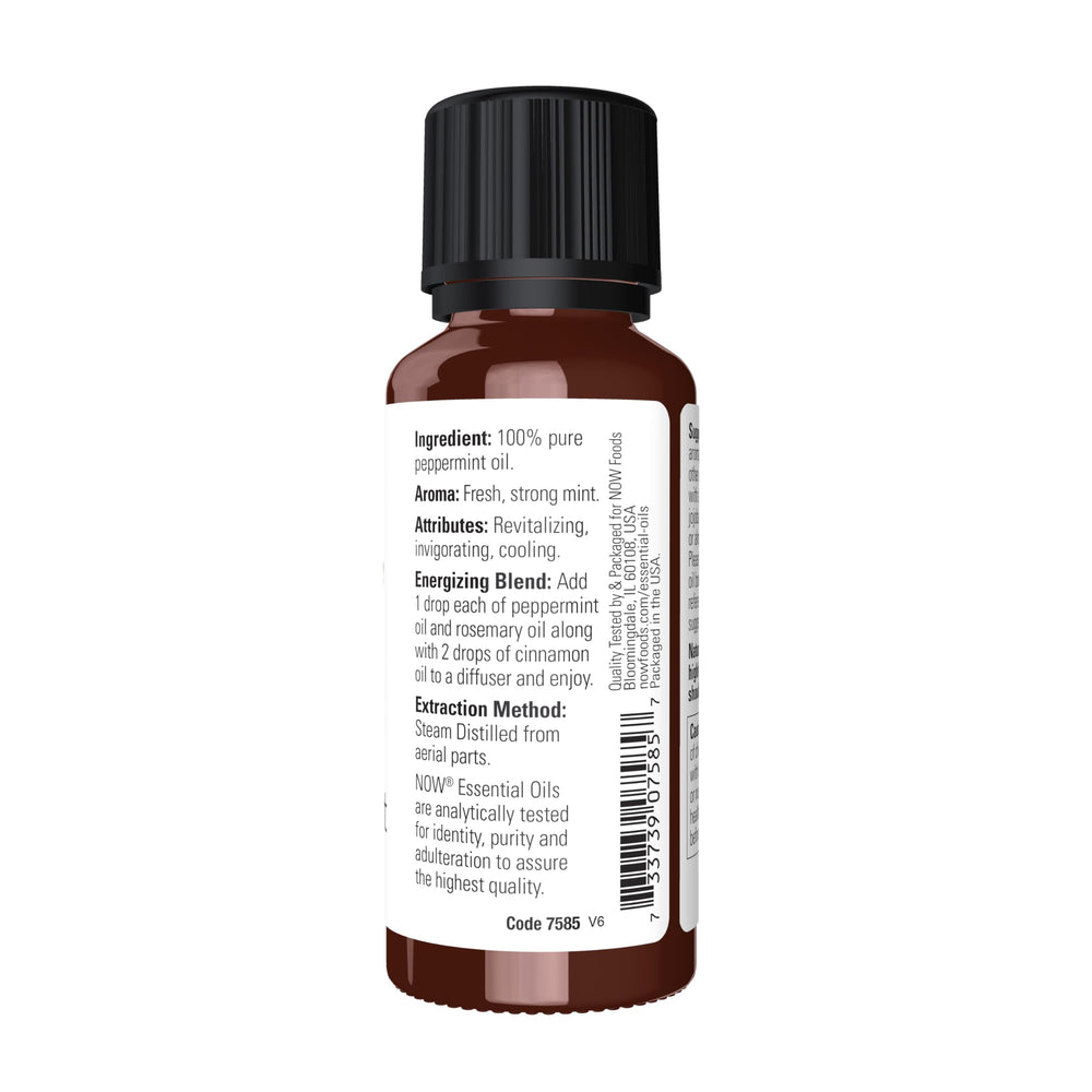NOW Foods peppermint oil bottle closeup highlighting purity