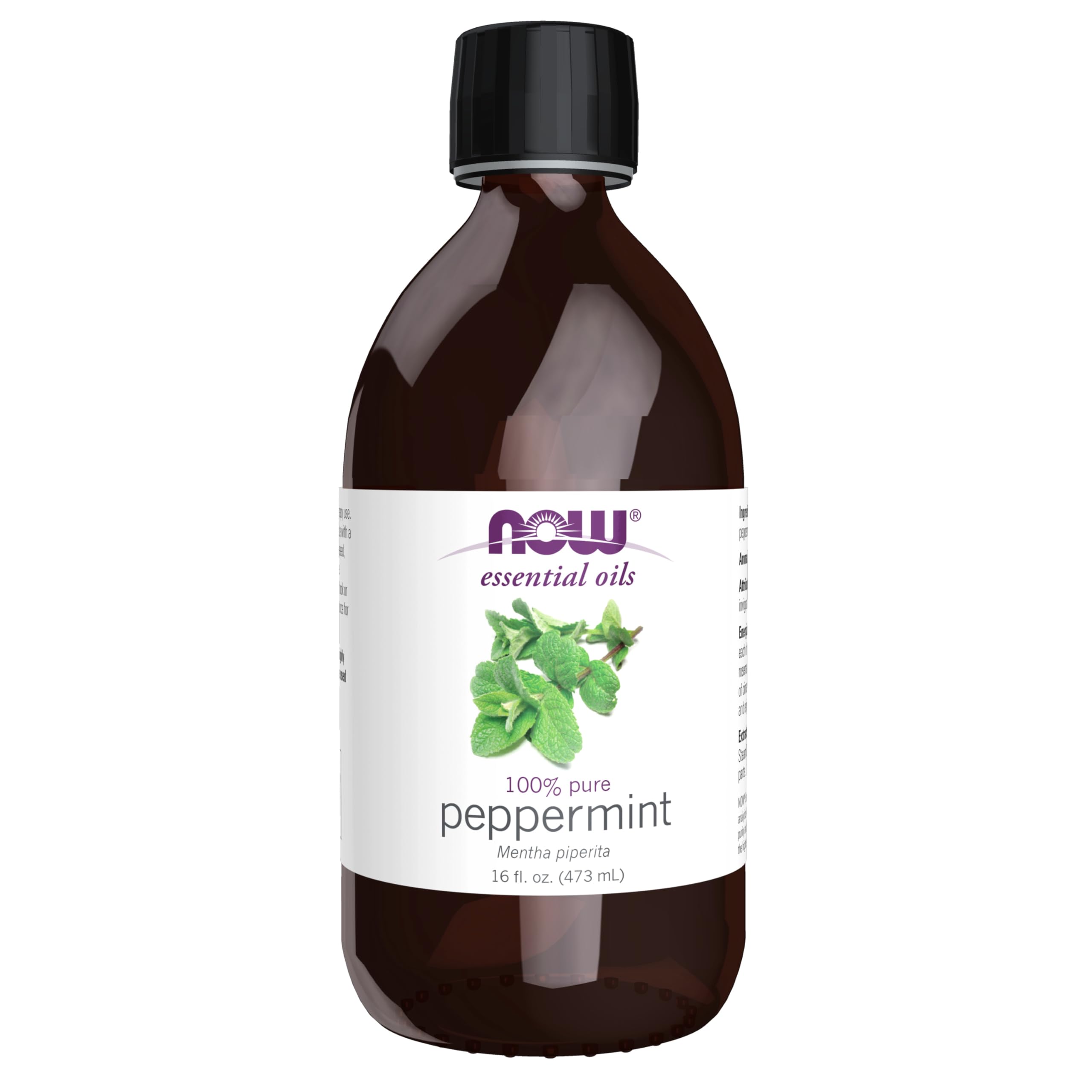 NOW Foods peppermint oil bottle close-up, showcasing pure, revitalizing aroma.