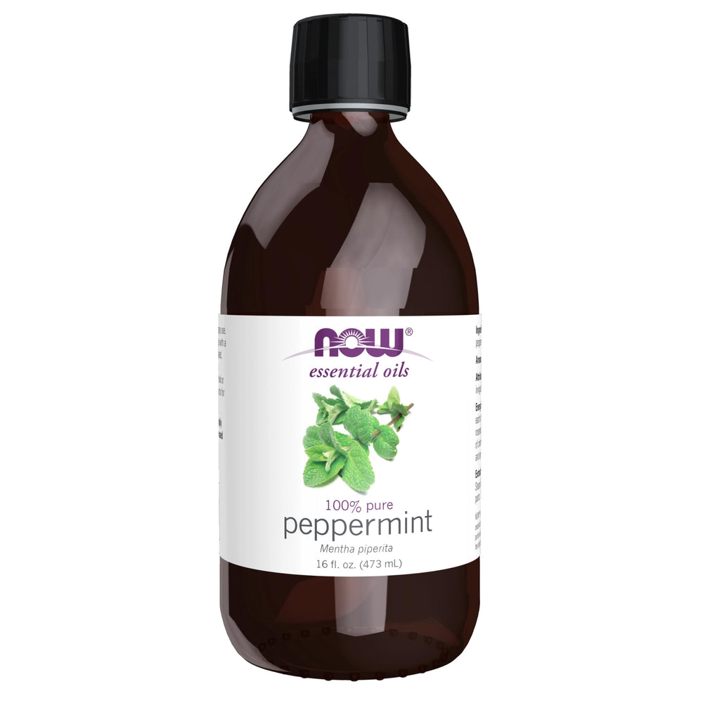 NOW Foods peppermint oil bottle close-up, showcasing pure, revitalizing aroma.