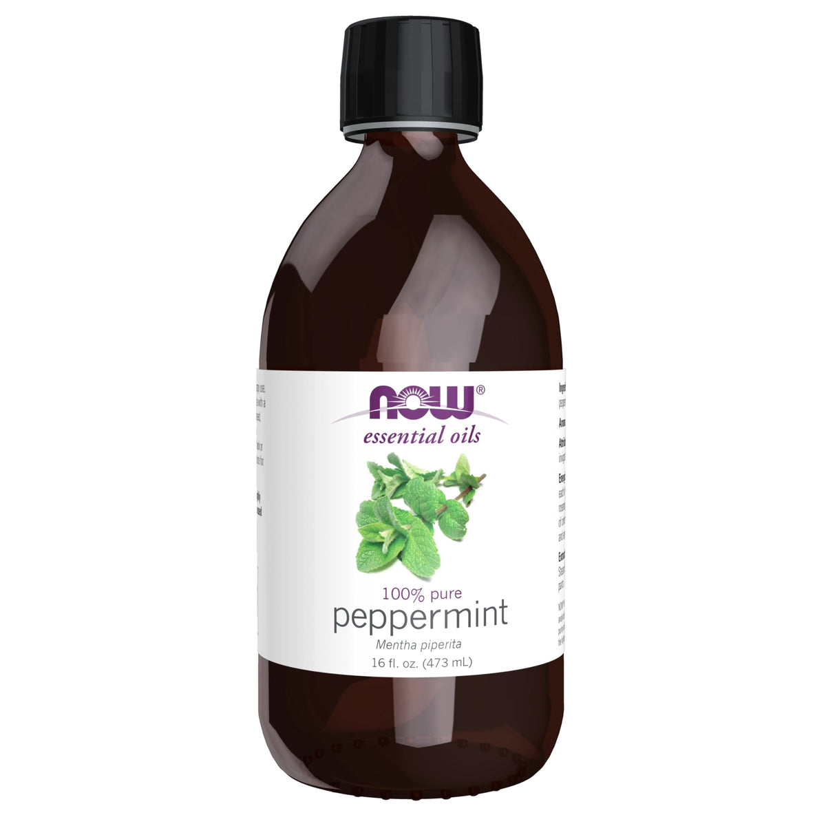 NOW Foods peppermint oil bottle close-up, showcasing pure, revitalizing aroma.