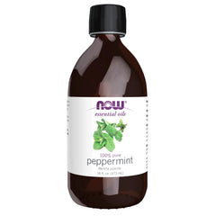 NOW Foods peppermint oil bottle close-up, showcasing pure, revitalizing aroma.
