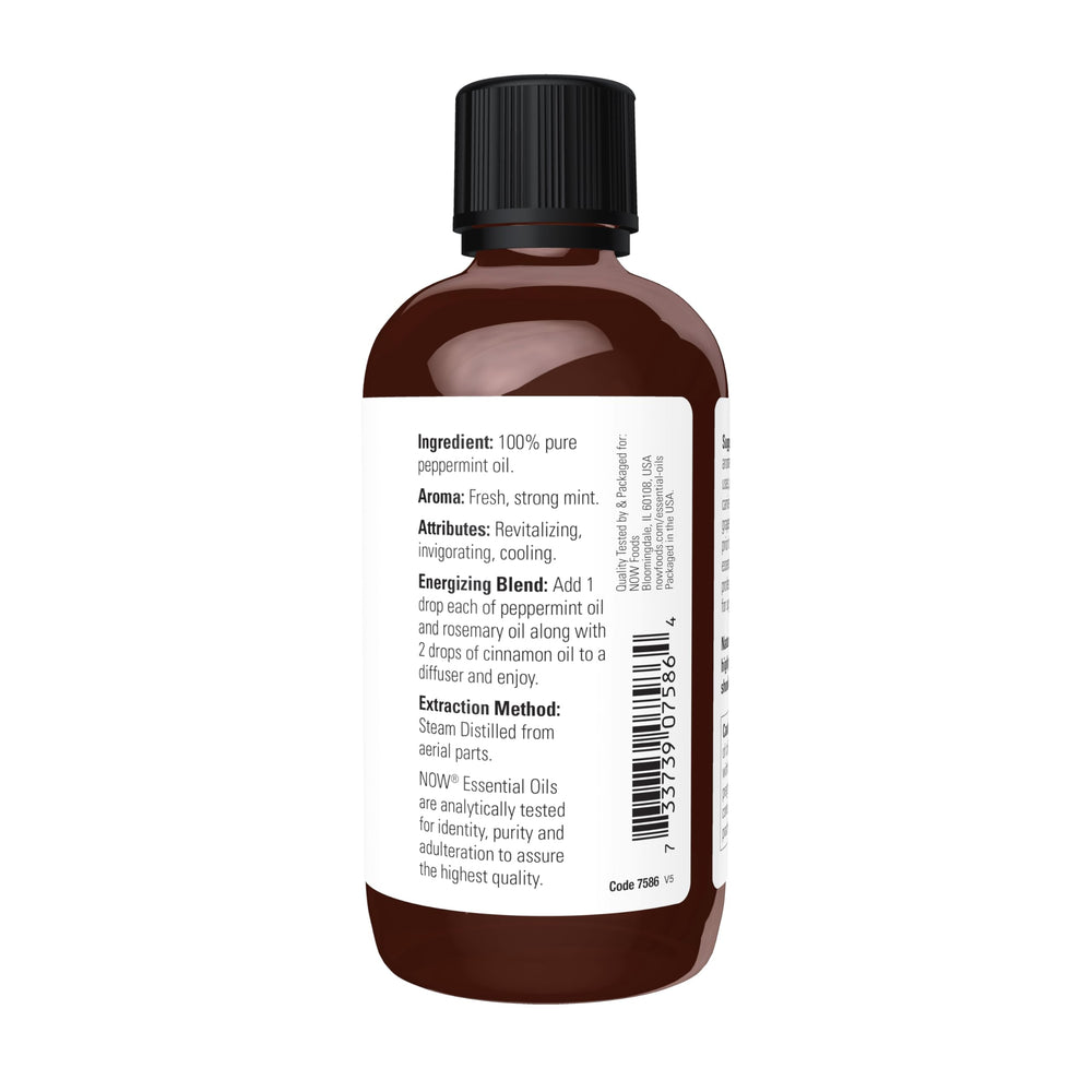 NOW Foods Peppermint Oil cap closeup highlighting safety and purity
