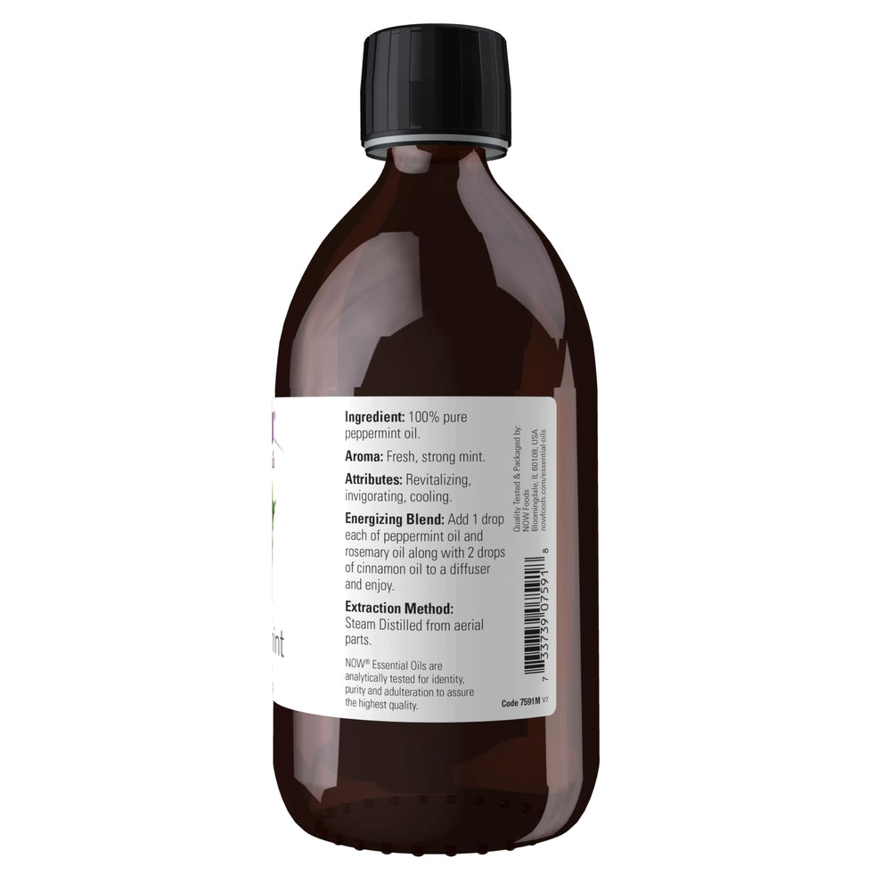 NOW Foods peppermint oil in a diffuser setup, inviting invigorating fragrance.