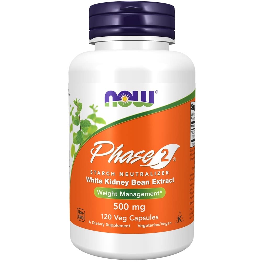 NOW Foods Phase-2 bottle front view with capsules, suggesting convenient carb management support