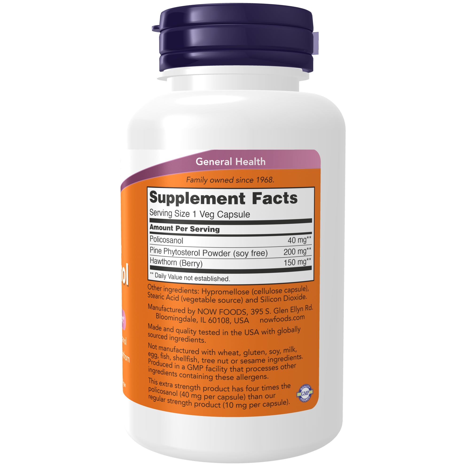 NOW Foods policosanol capsules close-up highlights extra strength formula and clean veggie capsule