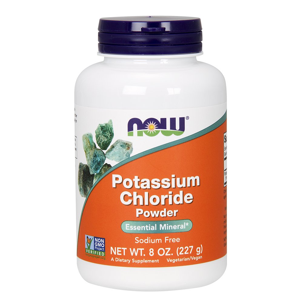 NOW Foods Potassium Chloride powder being poured; helps maintain muscle function and nerve signaling.