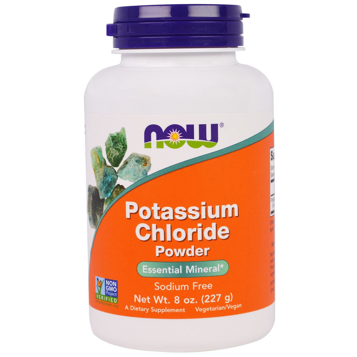 NOW Foods Potassium Chloride powder bottle; supports electrolyte balance and salt substitute use in meals.