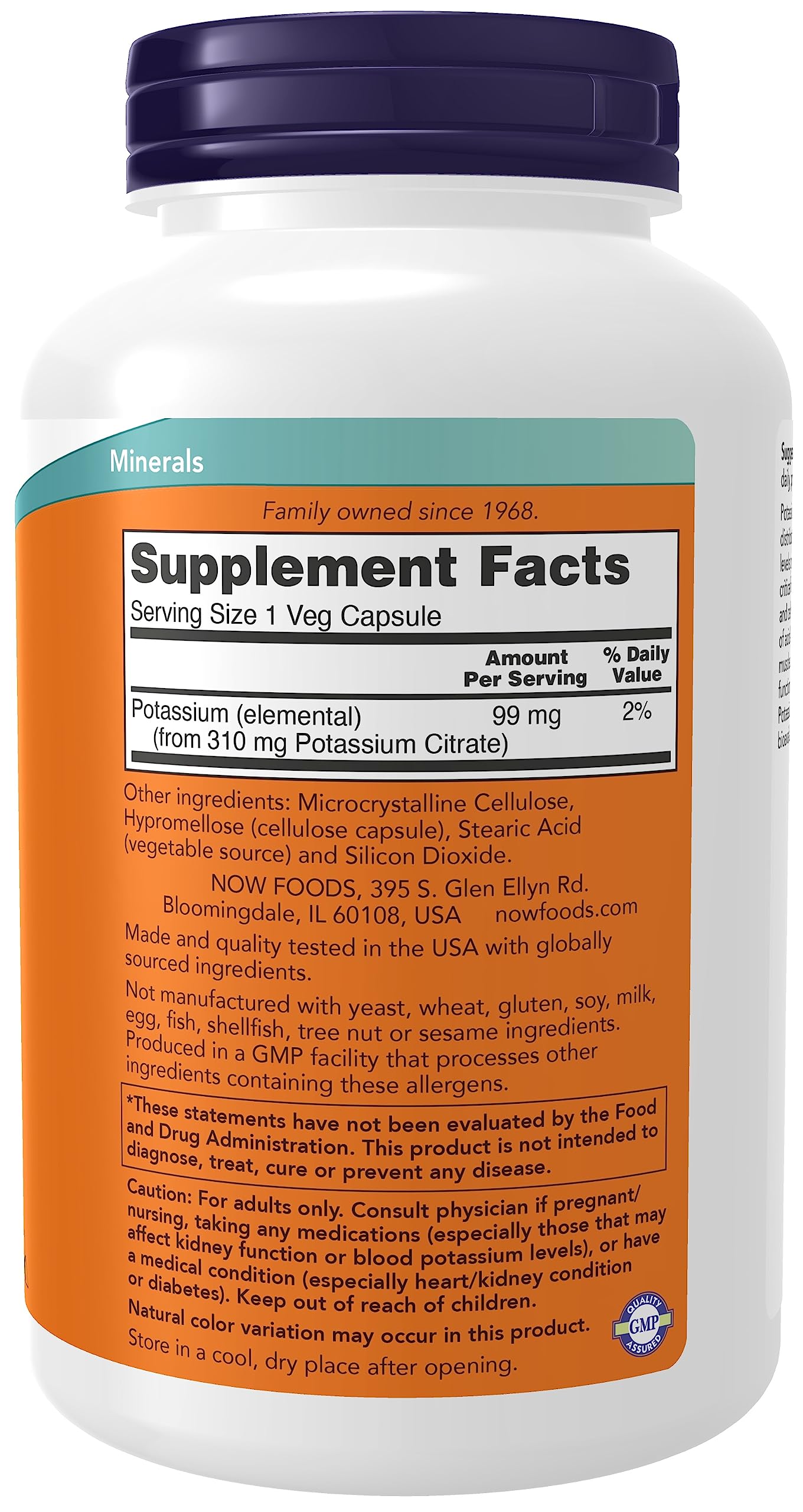 NOW Foods Potassium Citrate capsules close-up highlights daily vegan capsules.