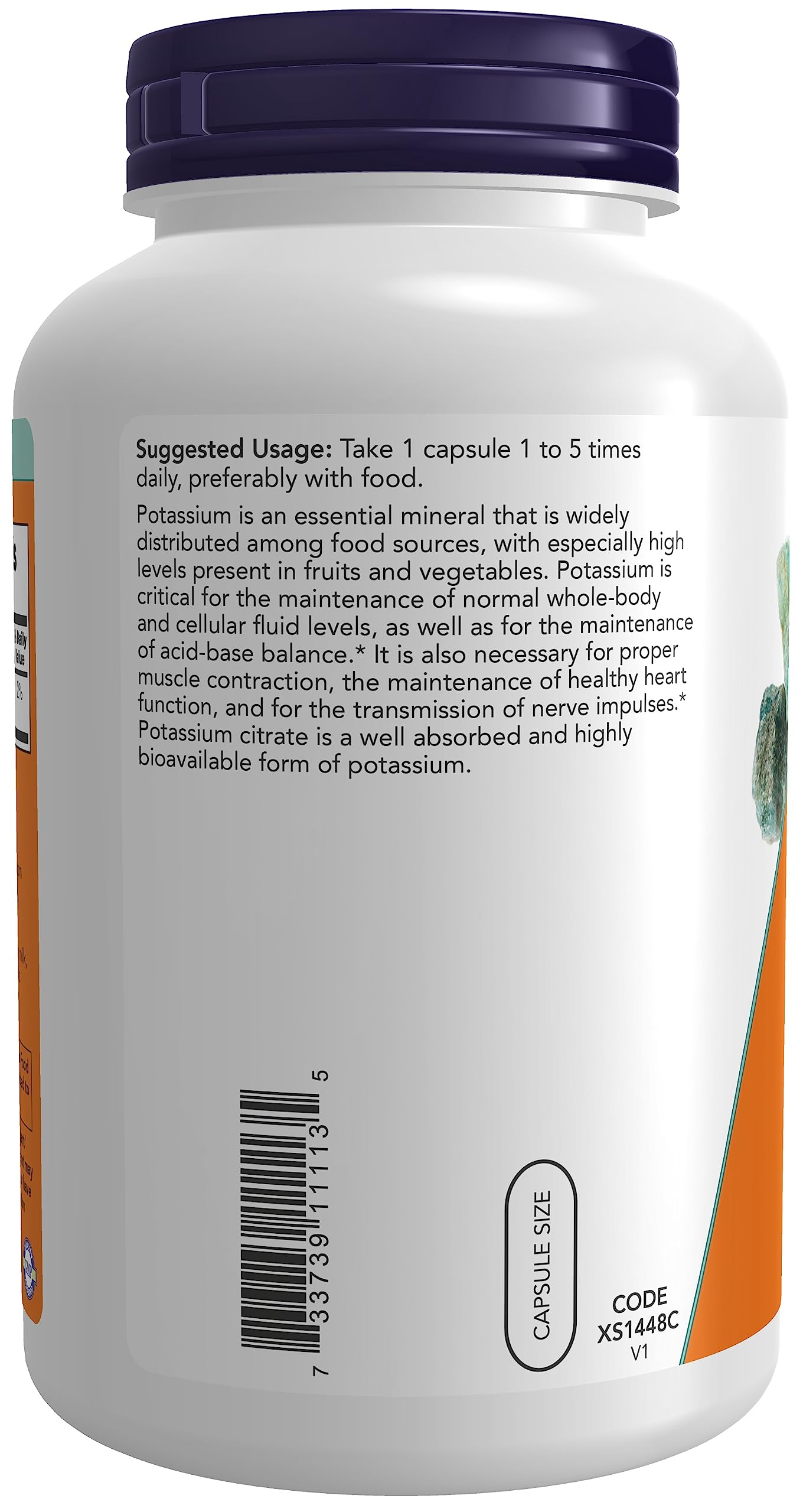 NOW Foods Potassium Citrate label detail emphasizes essential mineral benefits.