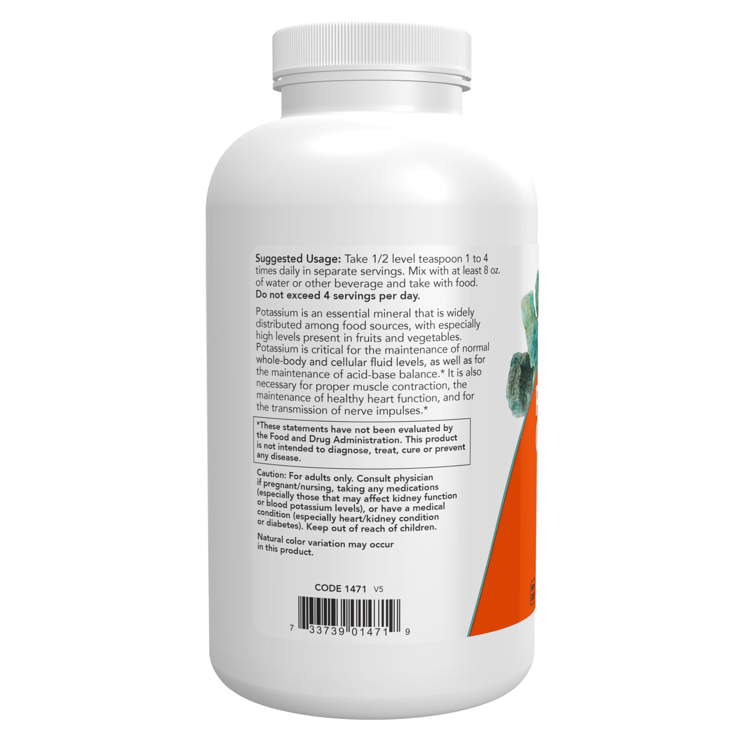 NOW Foods potassium gluconate powder label emphasizes essential mineral nutrition.