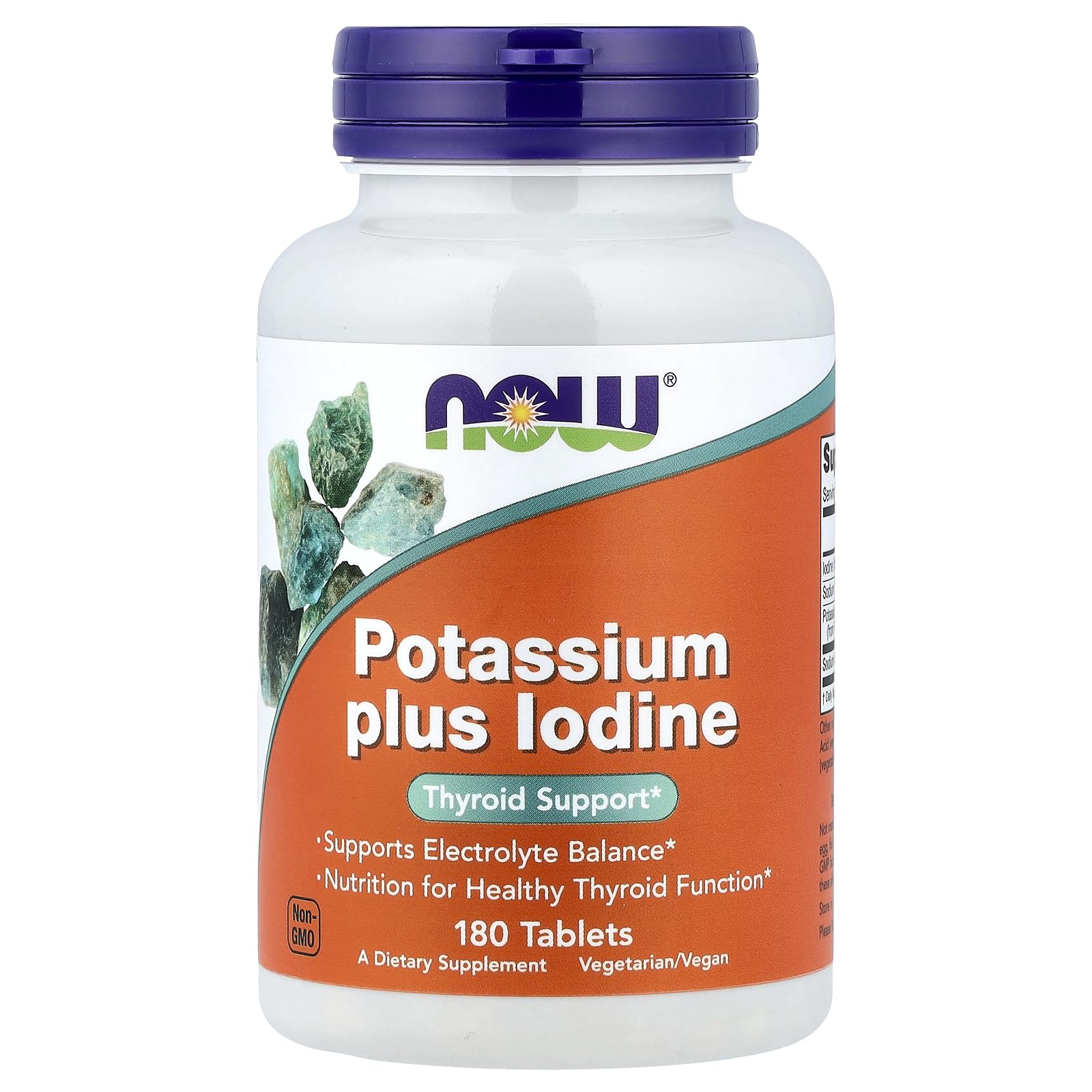 NOW Foods Potassium Plus Iodine bottle shows 180 tablets for daily mineral balance and energy support