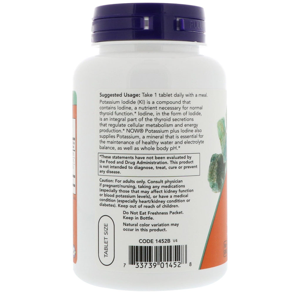 NOW Foods Potassium Plus Iodine tablet closeup highlights easy daily intake and portability