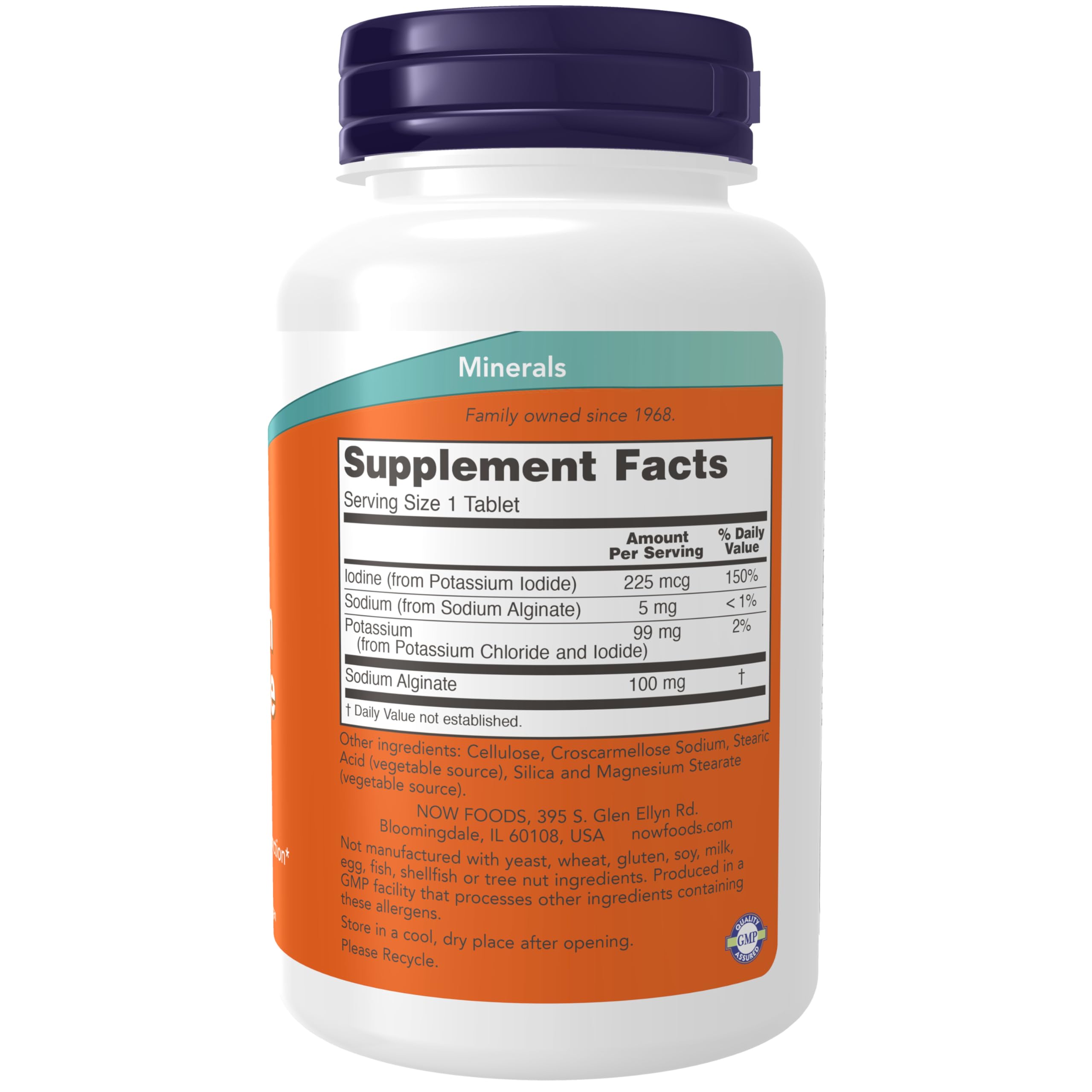 NOW Foods Potassium plus Iodine bottle label highlights key ingredients and daily capsule guidance.