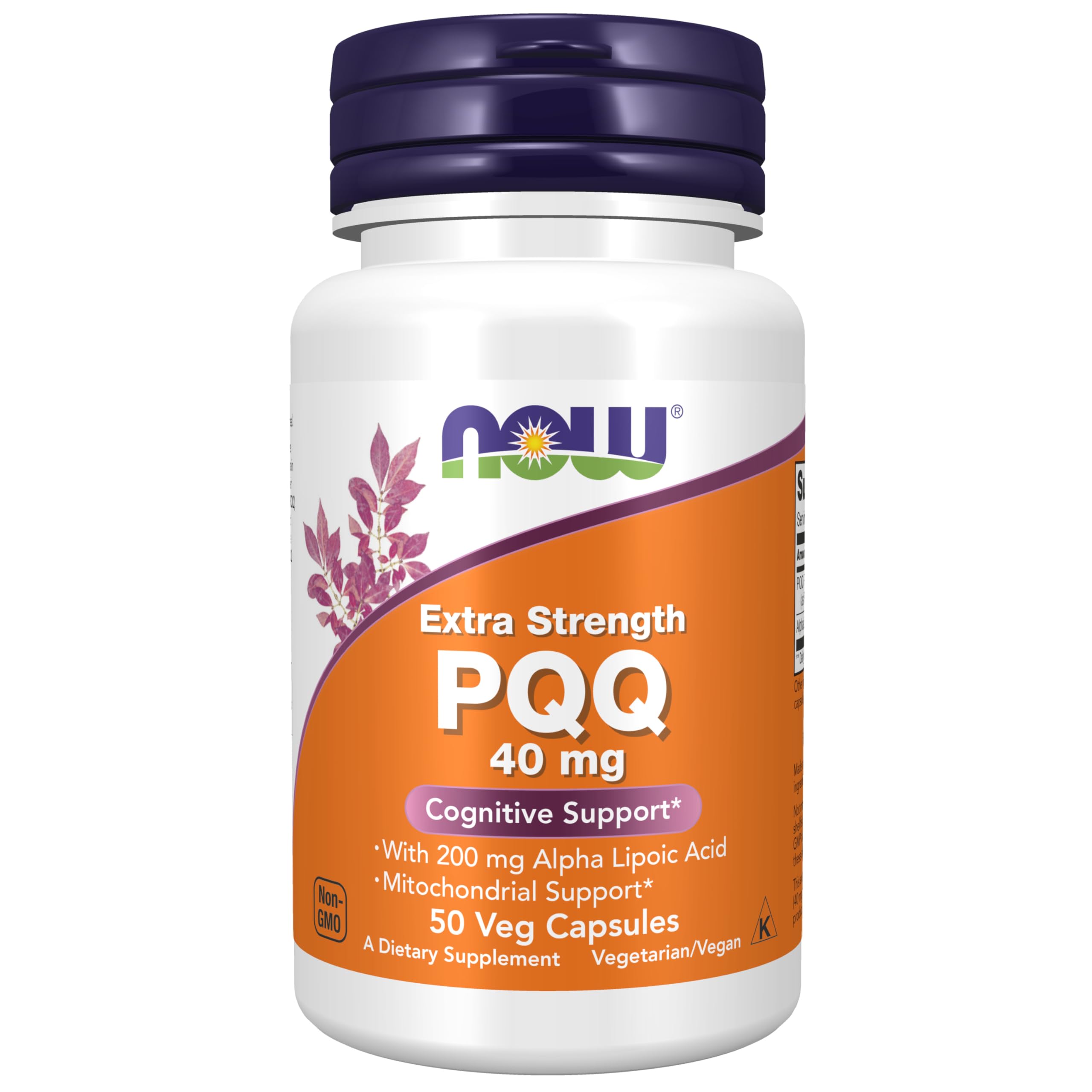 NOW Foods PQQ bottle shows extra strength formula for mitochondrial support and daily energy.