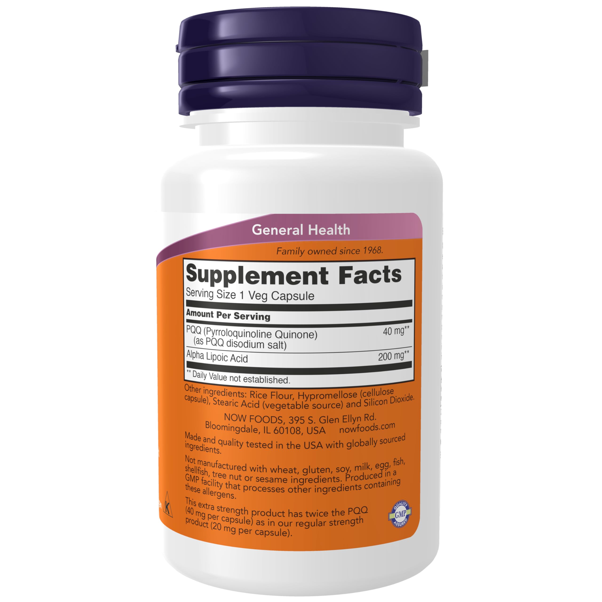 NOW Foods PQQ capsules close-up highlighting alpha-lipoic acid blend for antioxidant support.