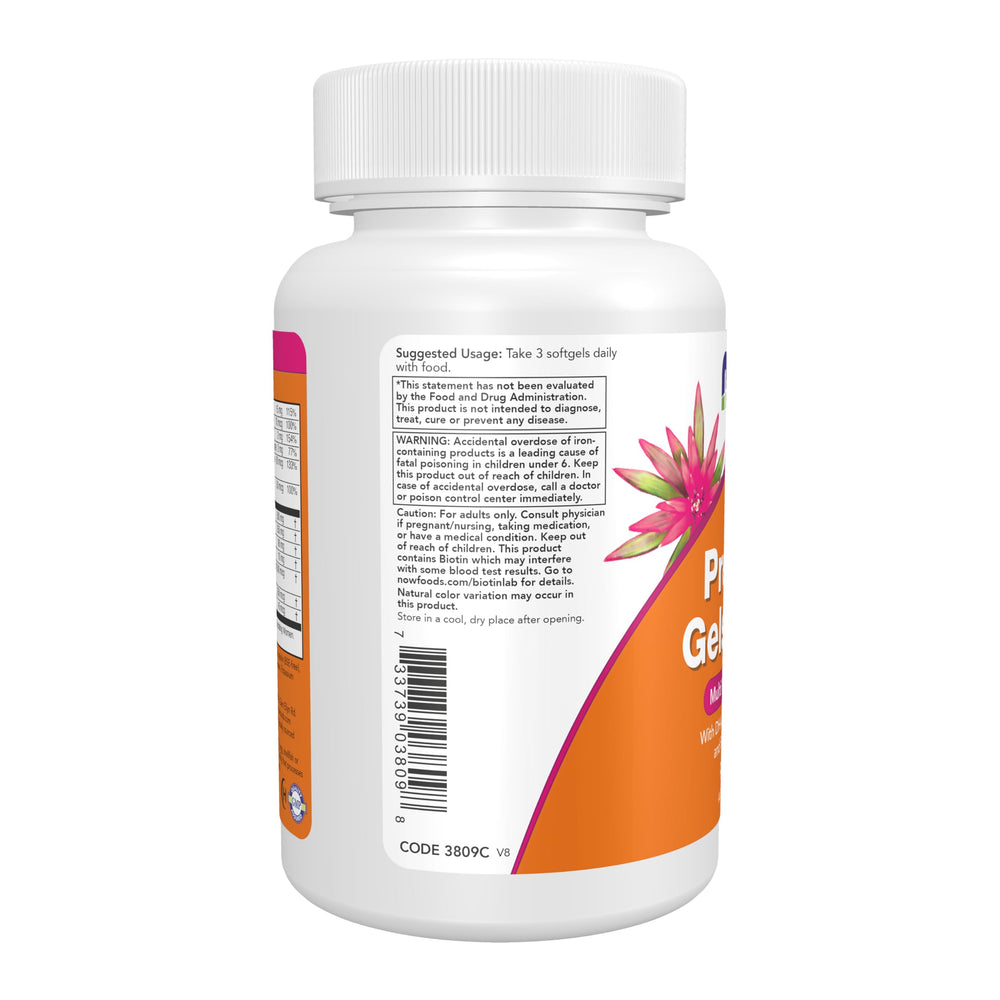 NOW Foods Prenatal Gels + DHA bottle label featuring DHA amount and vitamin mix