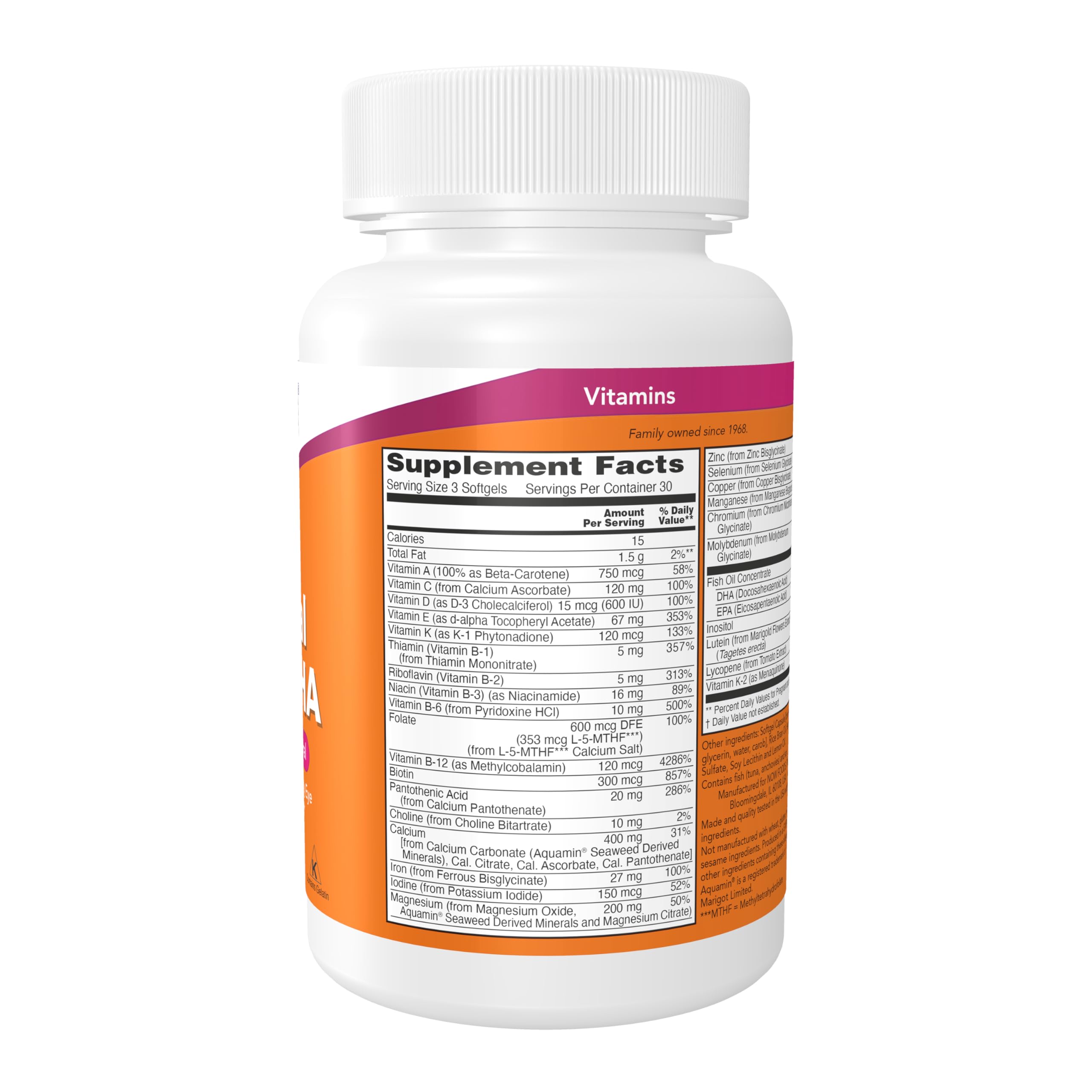 NOW Foods Prenatal Gels + DHA softgels closeup highlighting easy daily intake