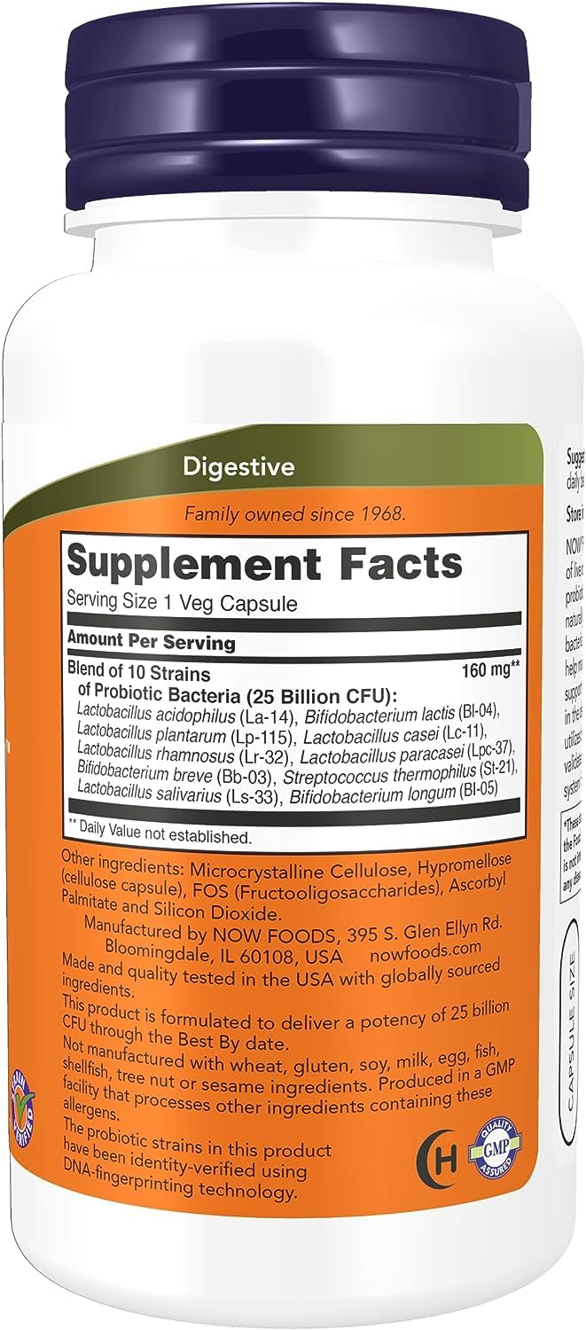 NOW Foods Probiotic-10 25 Billion bottle label close-up highlights potency and strain balance