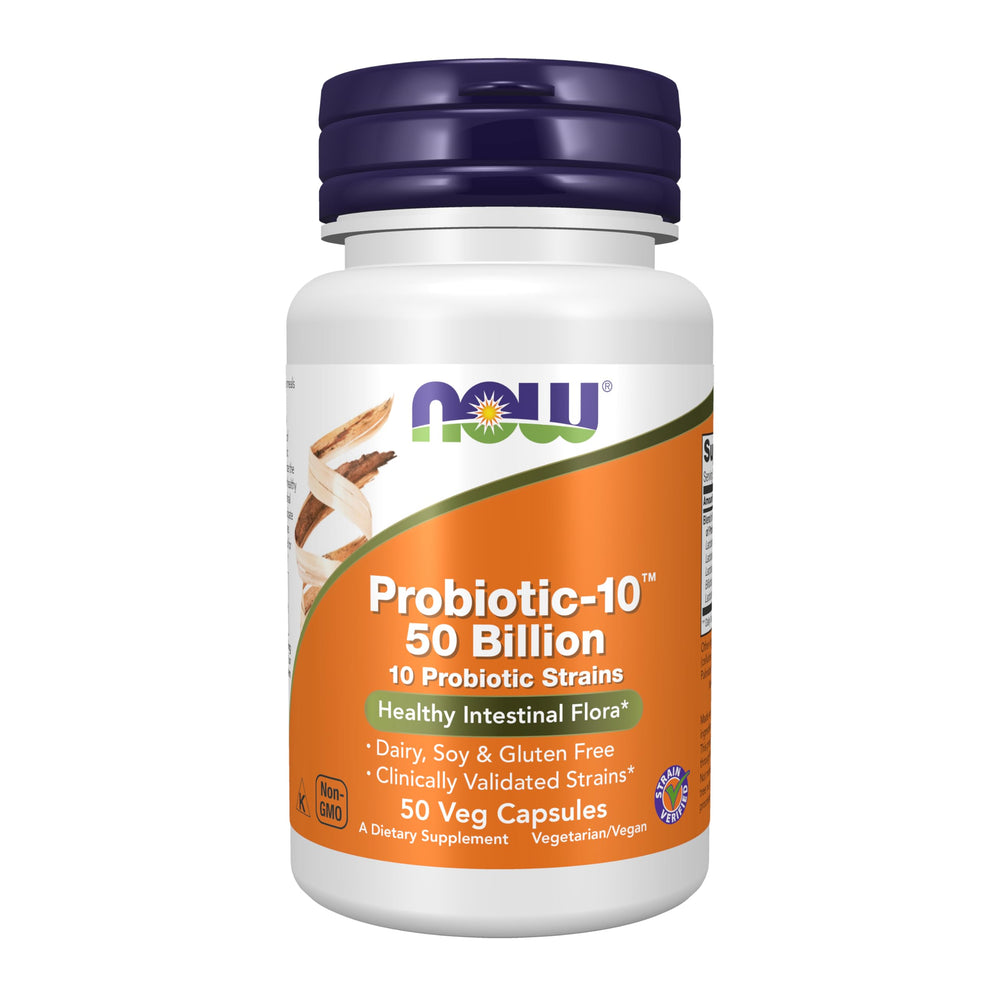 NOW Foods Probiotic-10 bottle front view highlighting 50 Billion CFU potency for digestion