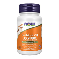 NOW Foods Probiotic-10 bottle front view highlighting 50 Billion CFU potency for digestion