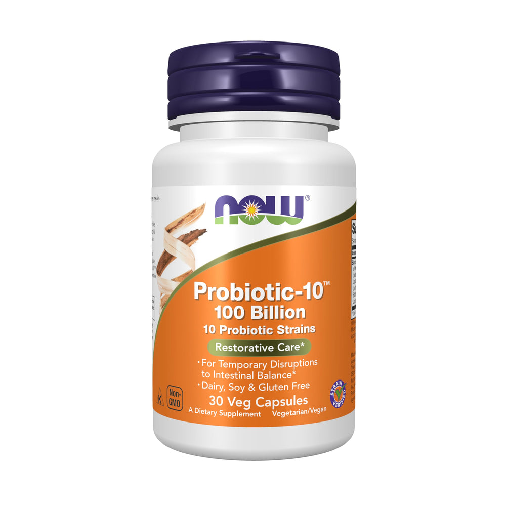 NOW Foods Probiotic-10 bottle label highlighting 100B CFU for daily digestive support