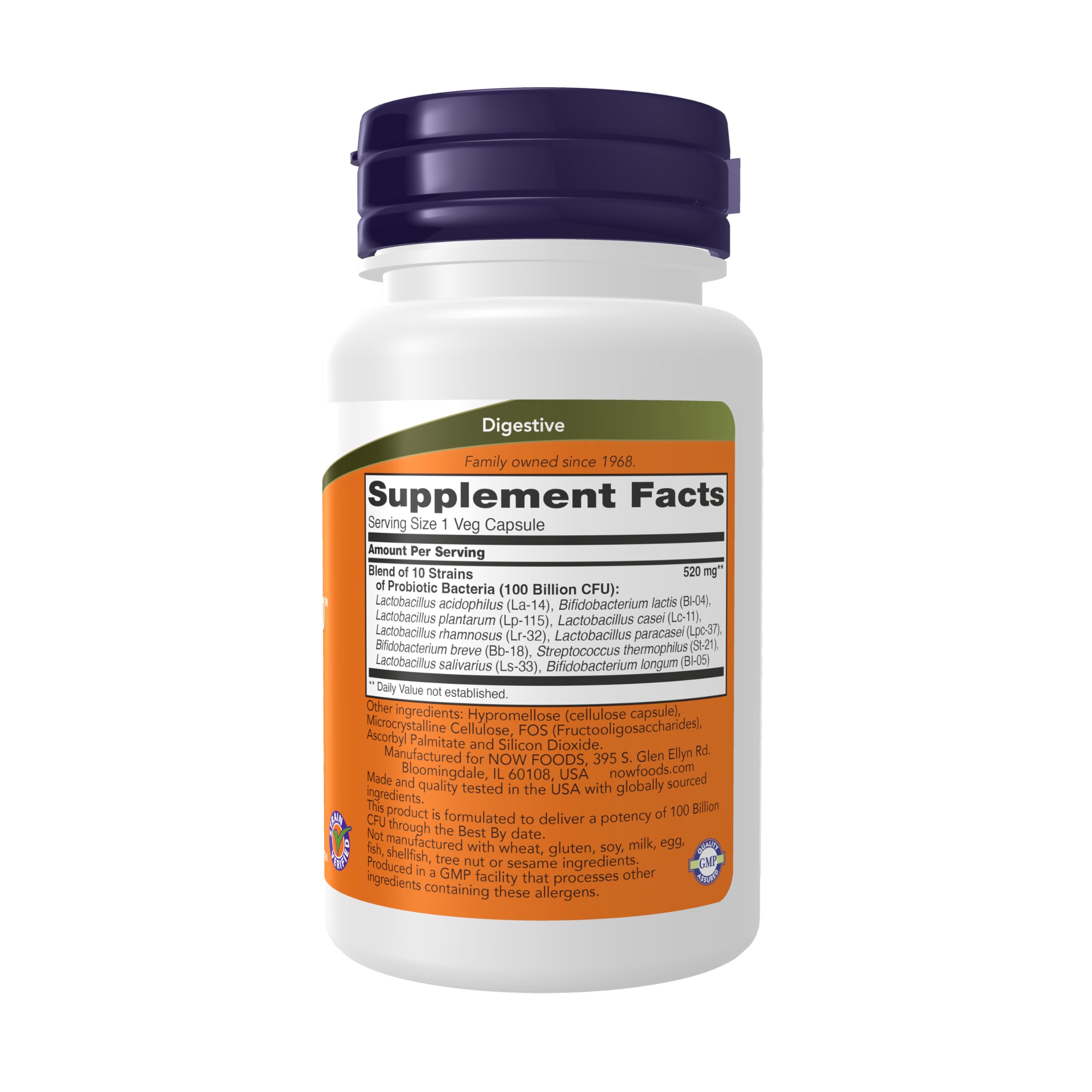 NOW Foods Probiotic-10 capsules closeup emphasizing potent capsule delivery for gut flora