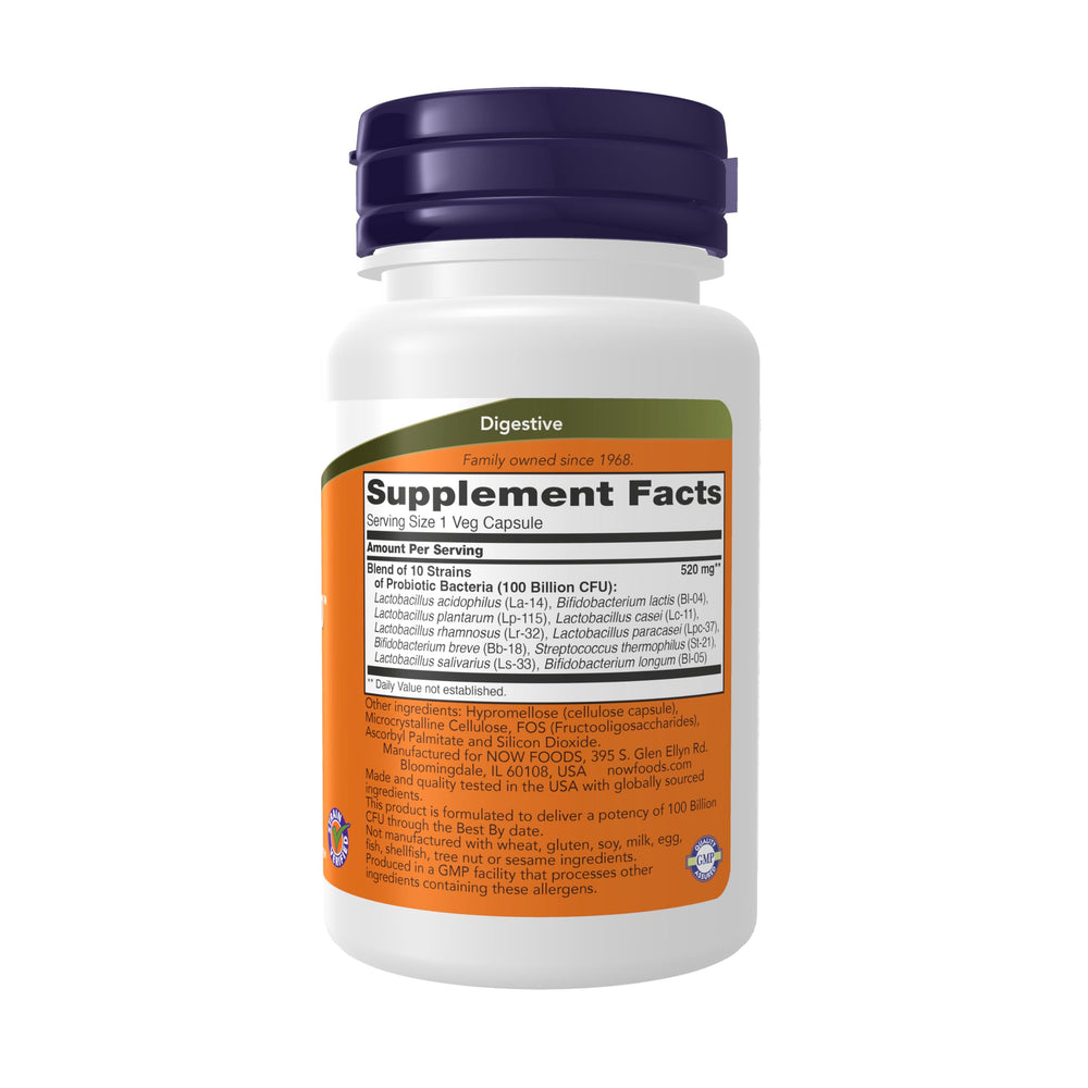 NOW Foods Probiotic-10 capsules closeup emphasizing potent capsule delivery for gut flora