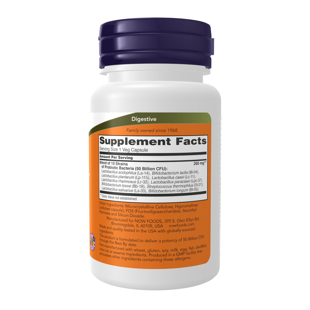 NOW Foods Probiotic-10 label closeup showing 10 strains and DNA verification
