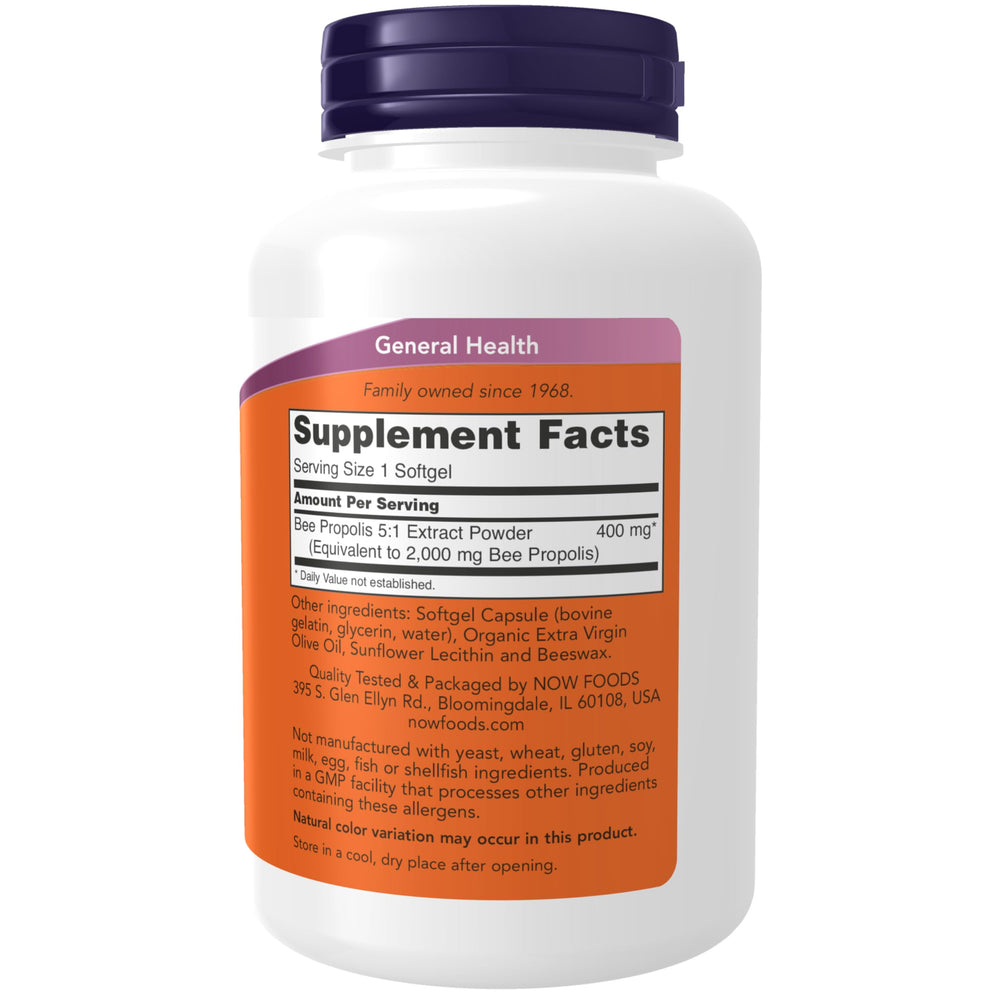NOW Foods Propolis 2000 bottle back with ingredients and usage details