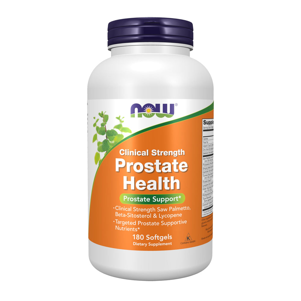 NOW Foods Prostate Health bottle showing clinical strength formula for daily use