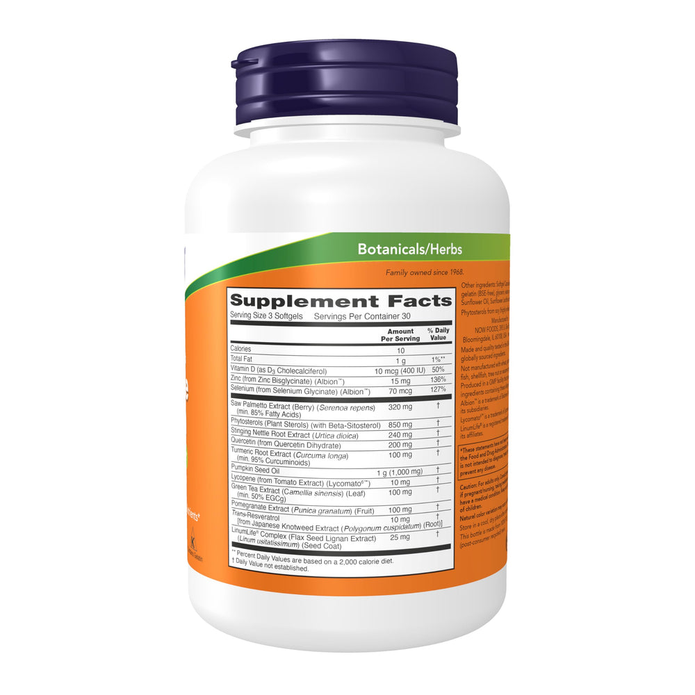 NOW Foods Prostate Health softgels close-up for easy daily supplementation.