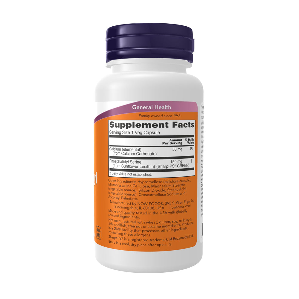 NOW Foods PS capsules on bottle for daily brain health support.