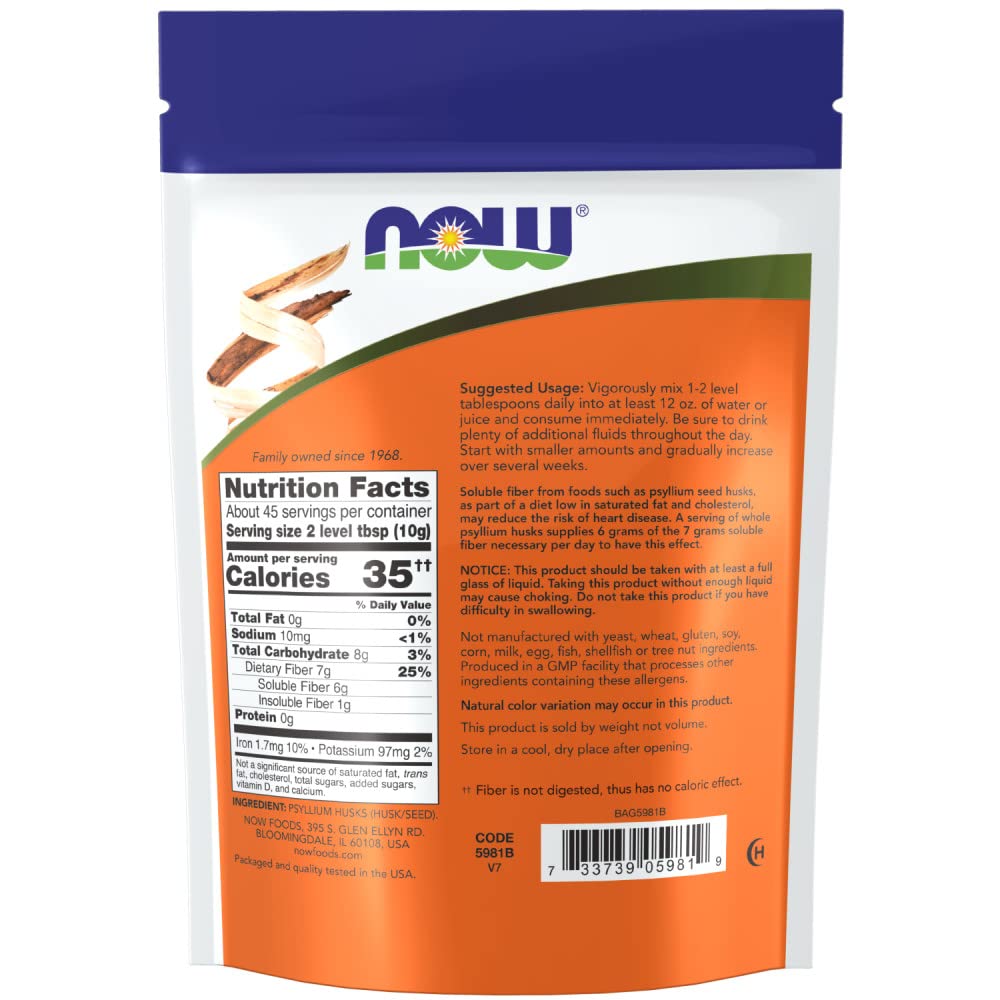 NOW Foods Psyllium Husks Serving spoon demonstrates easy dosing for fiber-friendly routines.