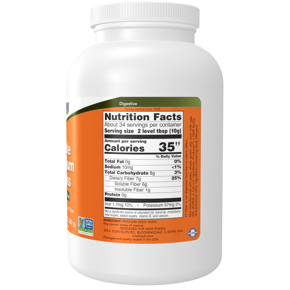 NOW Foods psyllium husks granule with spoon ready to mix into beverages.