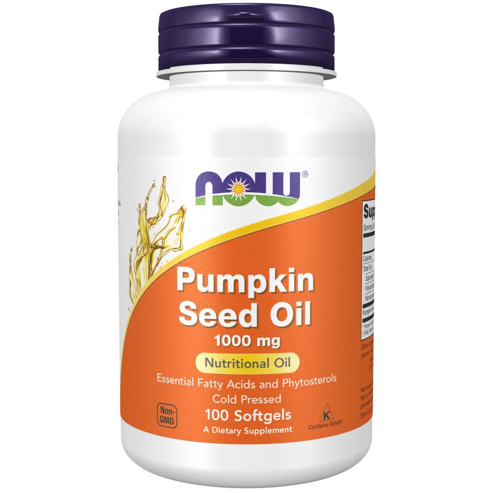 NOW Foods Pumpkin Seed Oil softgel bottle shows 1000 mg strength for daily support