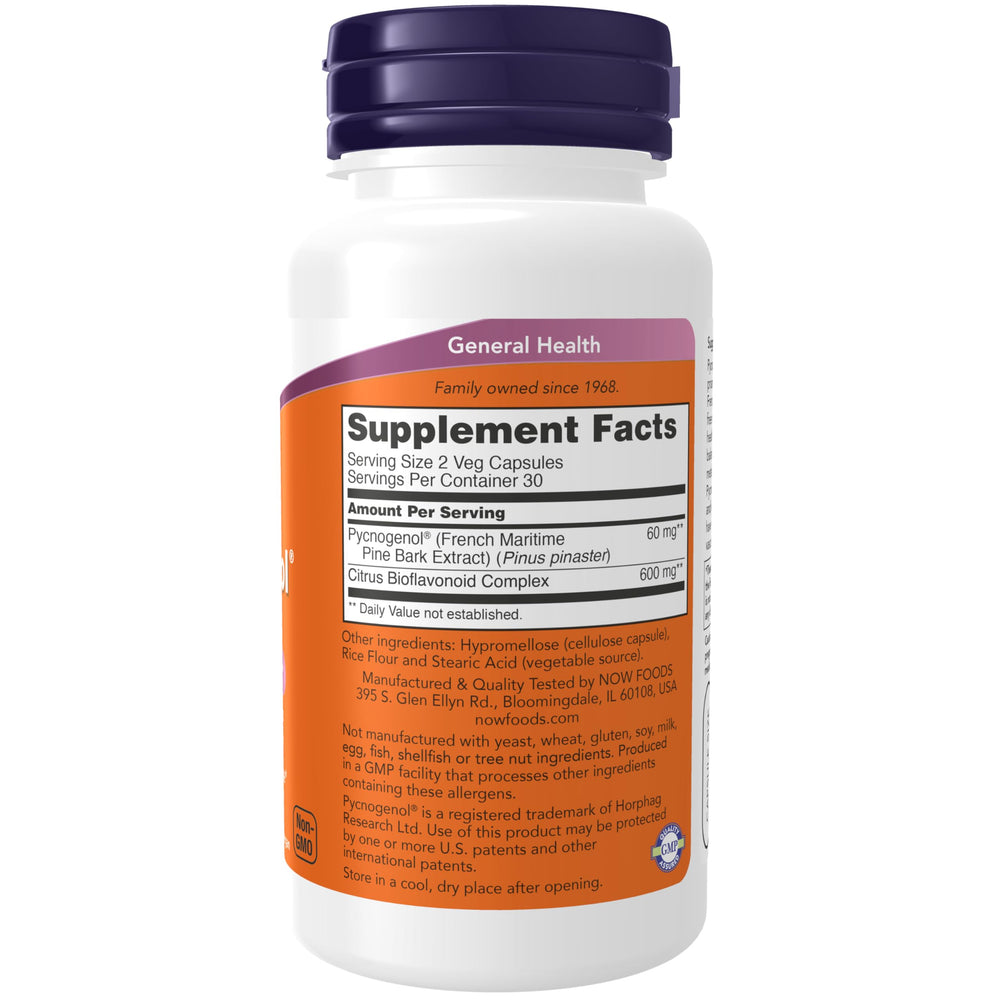 NOW Foods Pycnogenol capsules close-up showing smooth texture