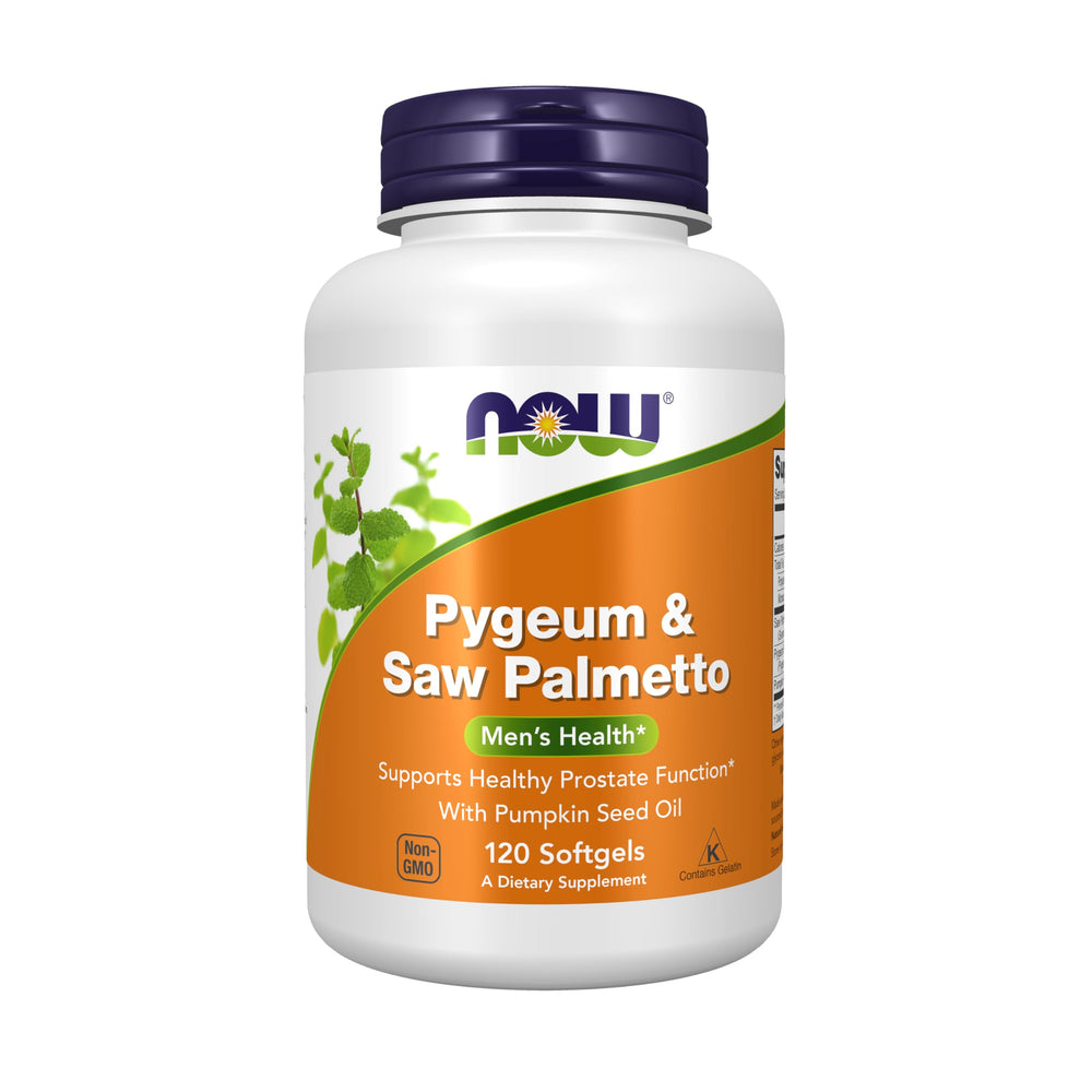 NOW Foods Pygeum & Saw Palmetto with Pumpkin Seed Oil bottle shows potential support for prostate health