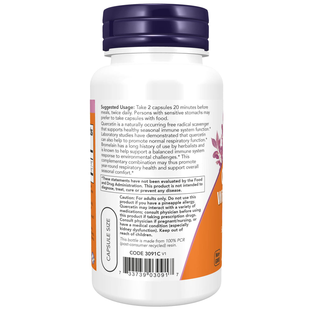 NOW Foods Quercetin with Bromelain bottle pour showing convenient dosage