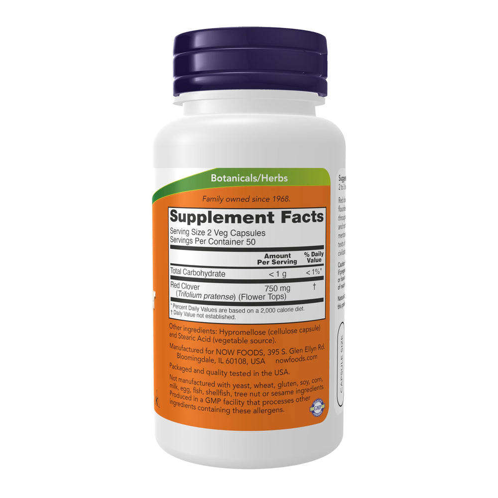 NOW Foods Red Clover capsules close-up, convenient veggie capsules for daily herbal support