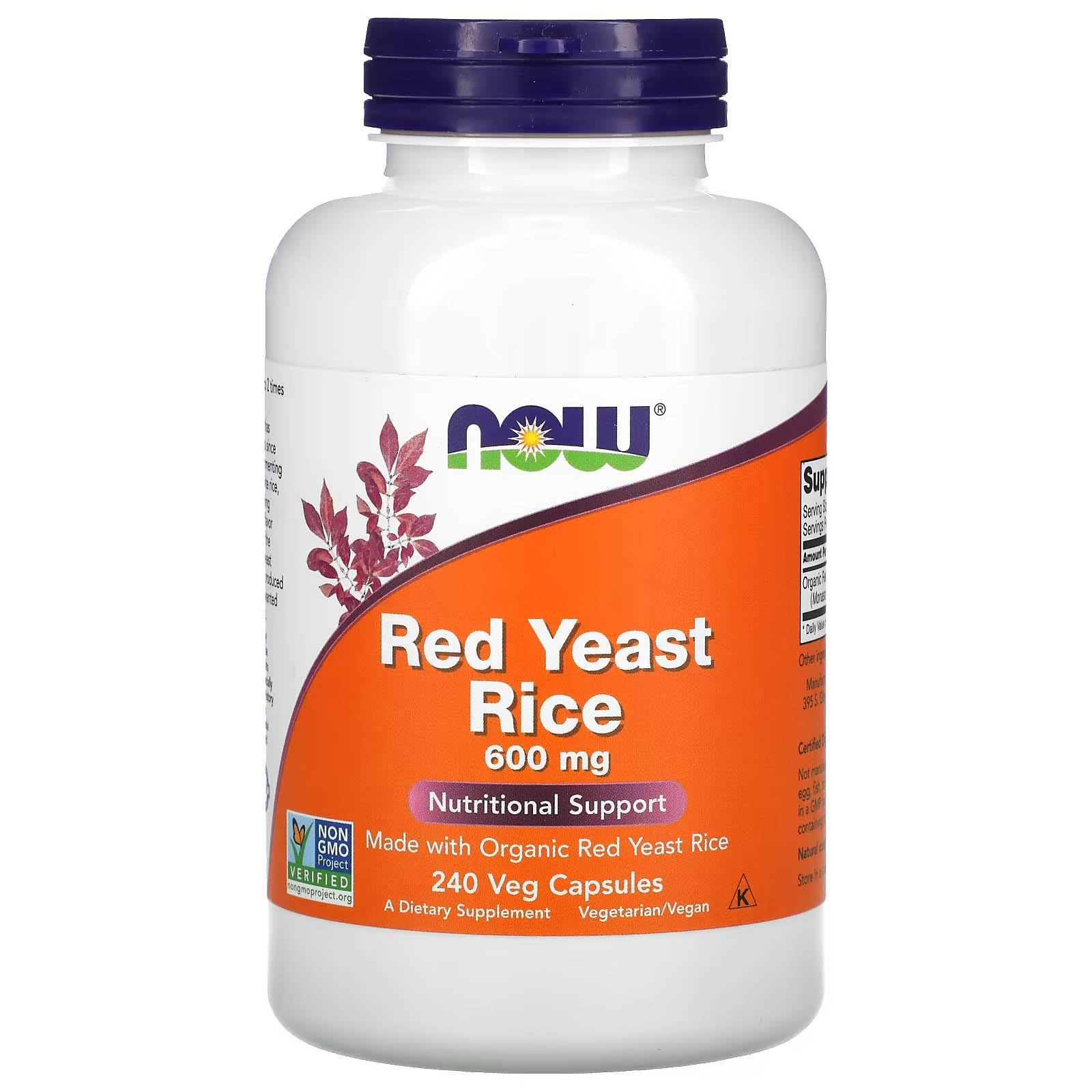 NOW Foods Red Yeast Rice bottle with 600 mg capsules for daily wellness support.