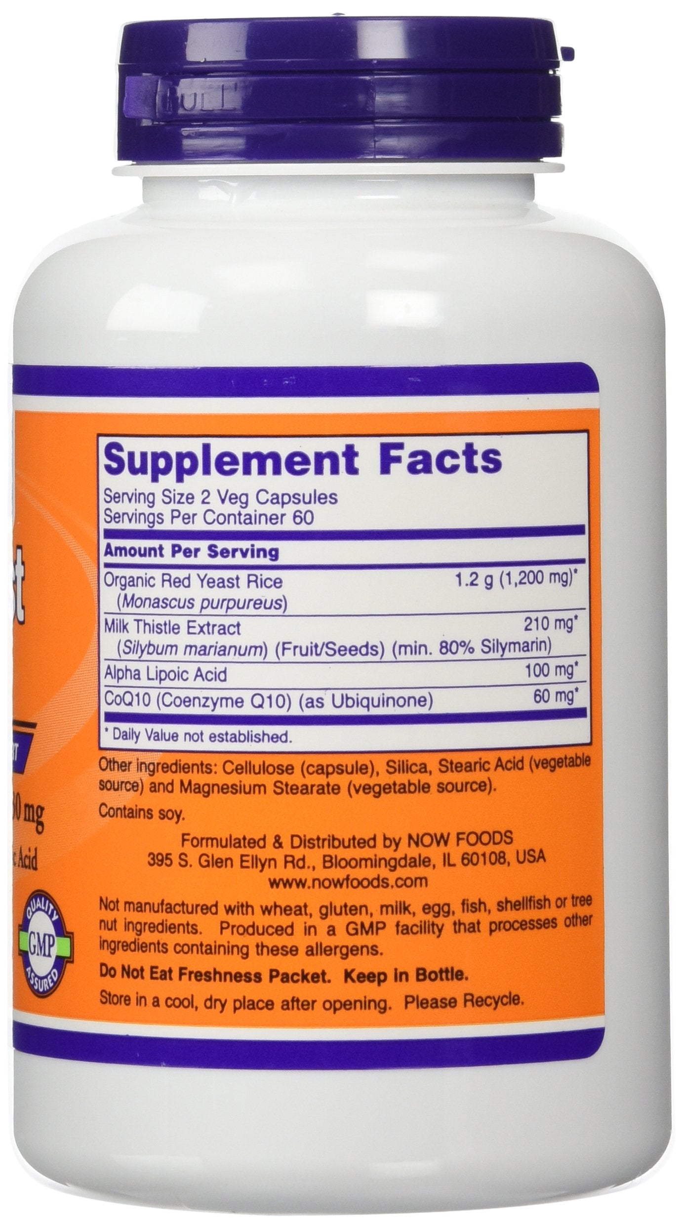 NOW Foods red yeast rice capsules close-up highlighting easy-to-swallow VegiCaps