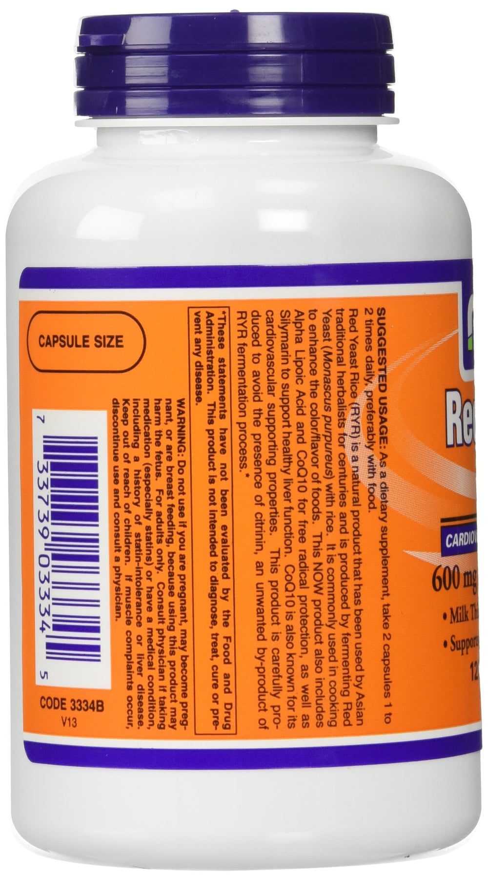 NOW Foods red yeast rice with CoQ10 label close-up showing citrinin-free formula