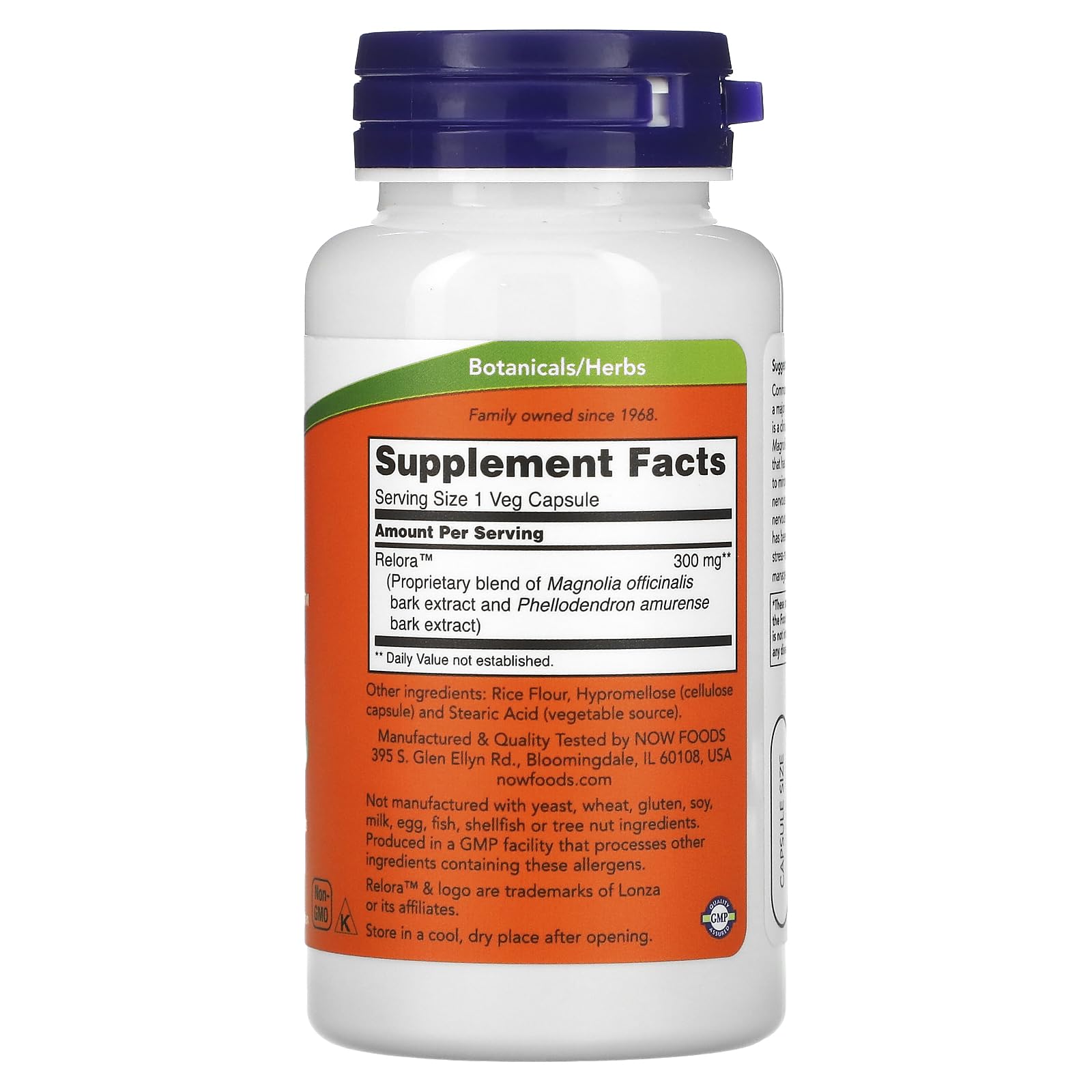 NOW Foods Relora capsules close-up highlighting relaxing, non-sedating support for stress-related eating.
